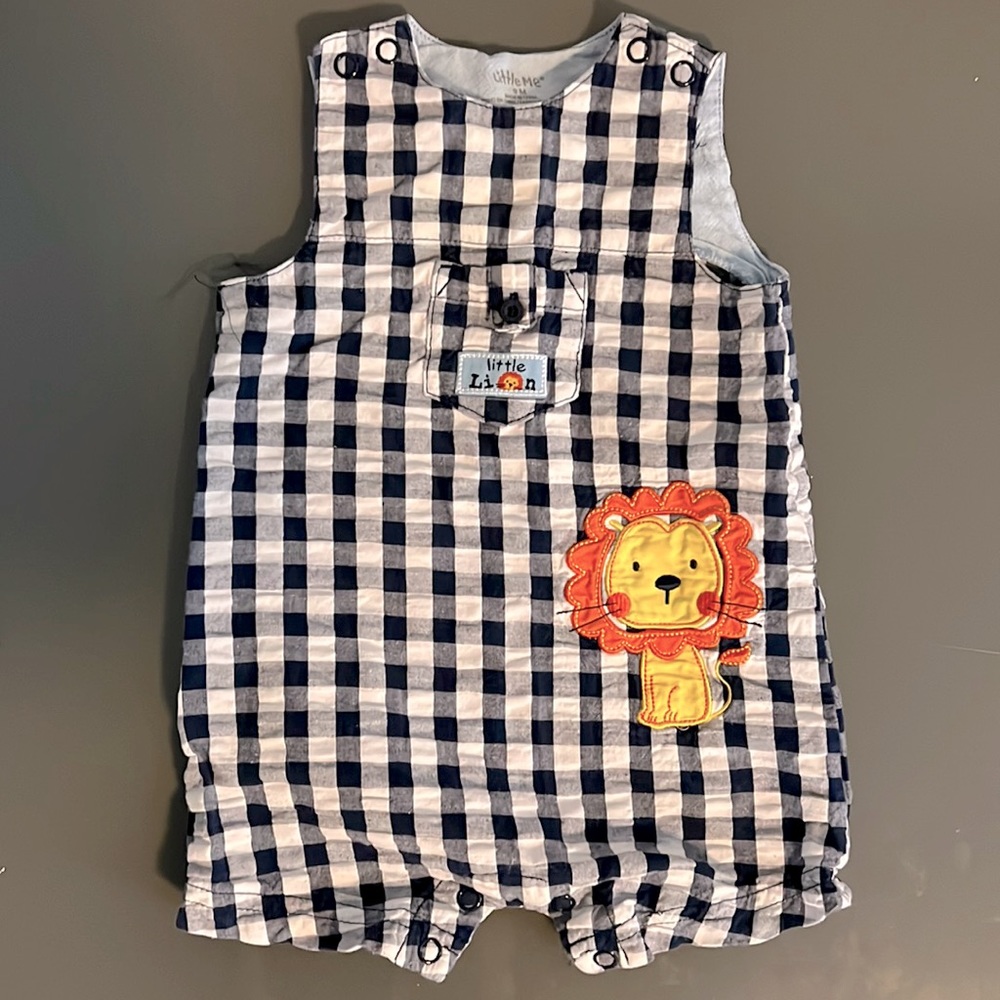 Blue gingham lion baby romper